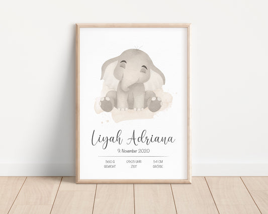 Personalisiertes Geburtsposter "Elani der Elefant"